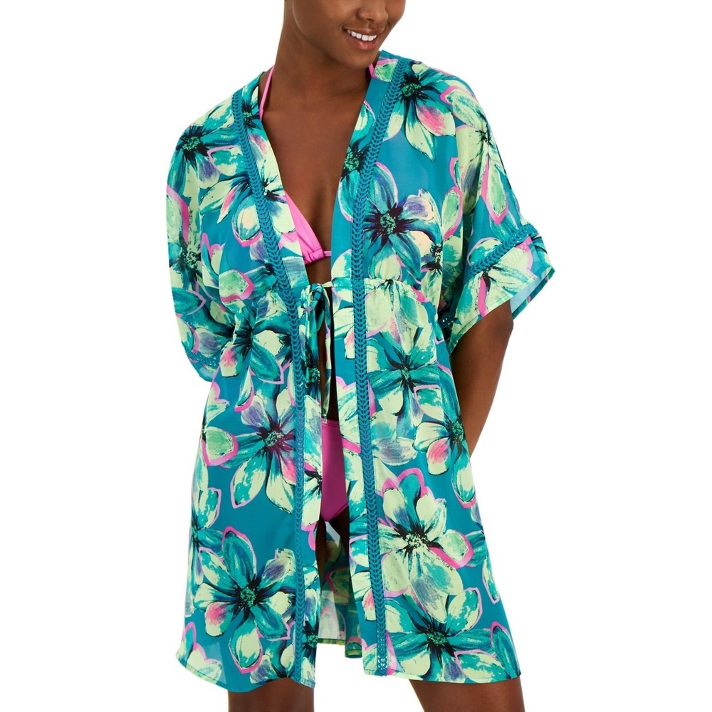 Miken‎ Women's Crochet-Trim Kimono Cover-Up Atoll/lunar Glow XS